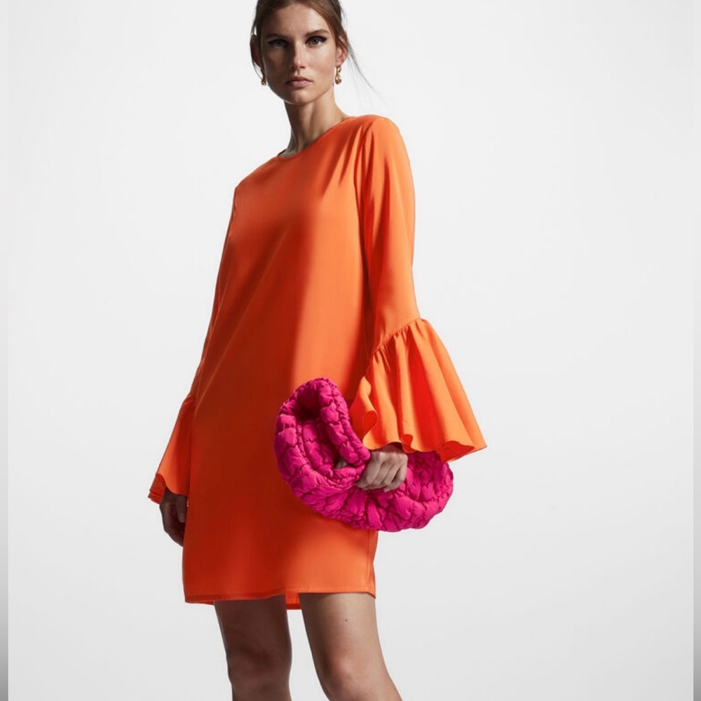 COS Ruffled Bell Sleeve Mini Dress Orange SZ 4